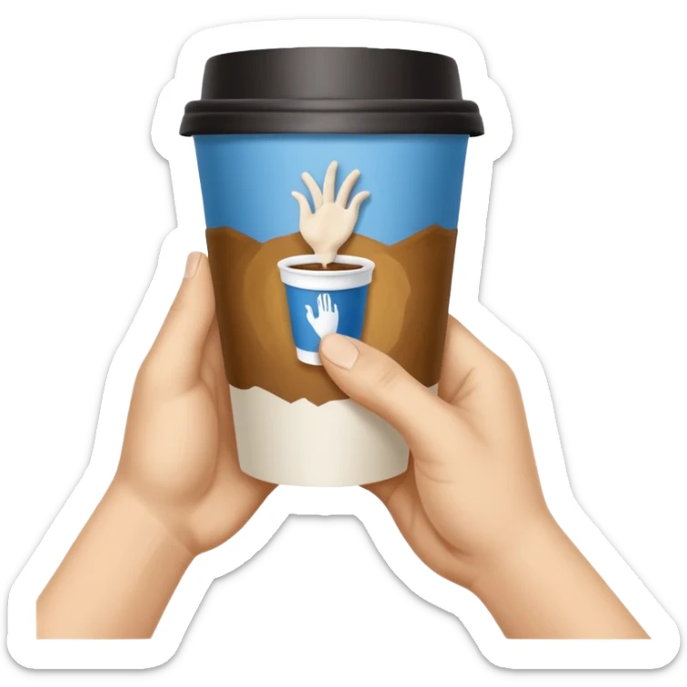 una mano con un bicchiere di carta con dipinto sopra le mani della creazione di adamo
 sticker