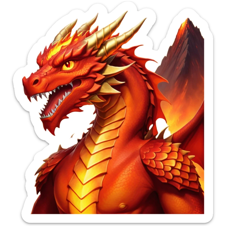 cinematic-noble-fierce-fire-dragon-portrait-emoji,-poised-and-imposing,-with-a-muscular,-scaled-body-ablaze-in-fiery-hues-of-crimson,-molten-orange,-and-molten-gold,-and-intense,-burning-eyes-that-mirror-the-heart-of-a-volcano;-rendered in detail sticker
