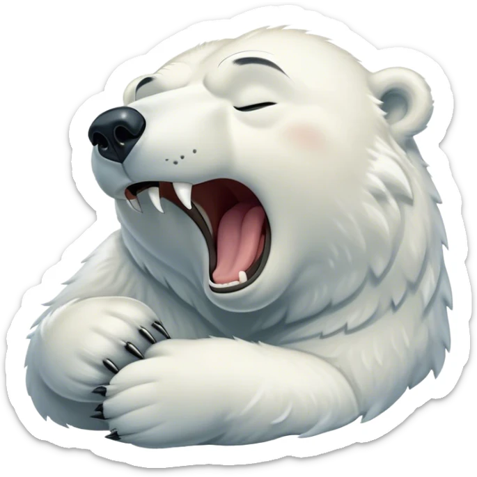 Cinematic Cute Yawning Polar Bear Portrait Emoji, Head tilted slightly with a dramatic, wide-open yawn, showcasing luxuriously thick fur and sleepy, half-closed eyes radiating drowsy contentment, Simplified yet irresistibly adorable features, highly detailed, glowing with a soft, cozy polar light, high shine, relaxed yet expressive, stylized with a dash of whimsical arctic charm, soft glowing outline, capturing the essence of a drowsy yet affectionate guardian that seems ready to stretch out for a nap! sticker