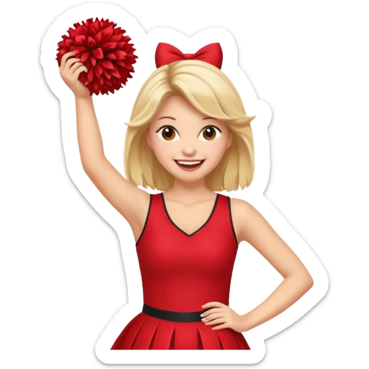 football cheerleader, holding big cheering pom, red dress sticker