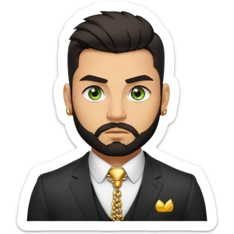 green eyes, dark short hair, muscular shoulders, gold chain, big lips big nose big eyes, masculine good looking, dark beard wearing a suit buttons of the shirt open and olive skin tone  sticker