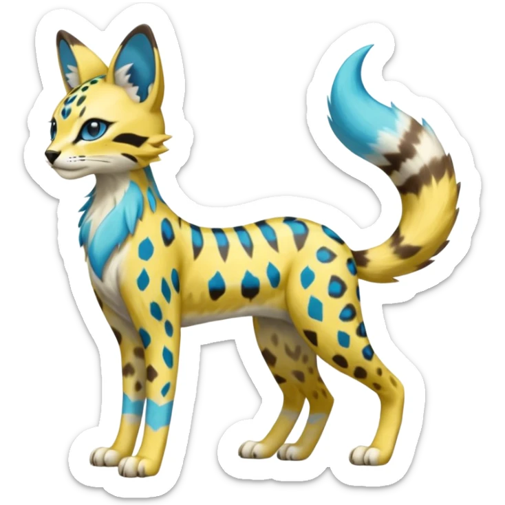 Colorful Yellow Meloetta-Sergal-Serval-Genet-Pokémon-Digimon-Fakémon-fusion-hybrid-creature with Cyan stripes and blue leopard-spot-markings  sticker