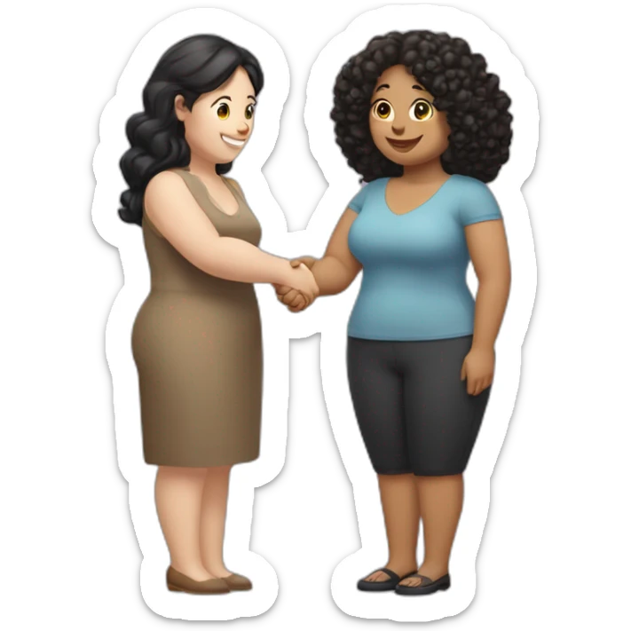 tan chubby woman with black curly hair shakes hands with a chubby pale woman who has straight light brown hair sticker