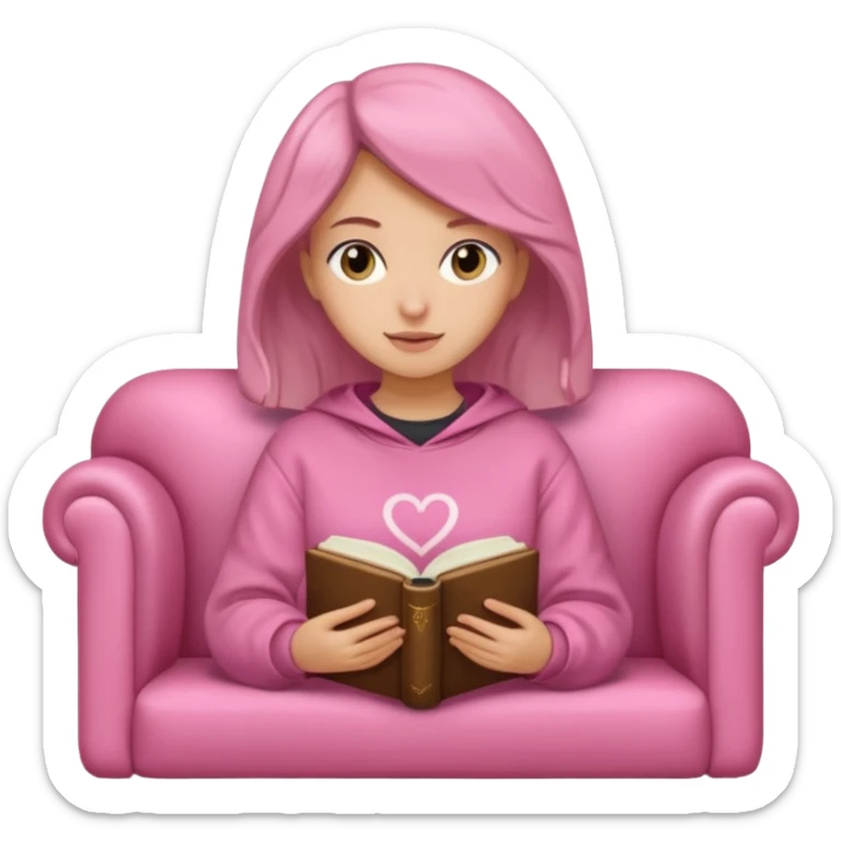 Una chica linda de cabello oscuro con ondas hasta los hombros de piel blanca con una sudadera rosa en un sofá cómodo y hermoso leyendo la biblia sticker