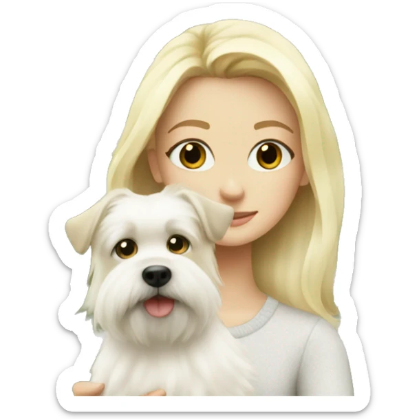 blonde girl with white fluffy dog near Christmas tree sticker