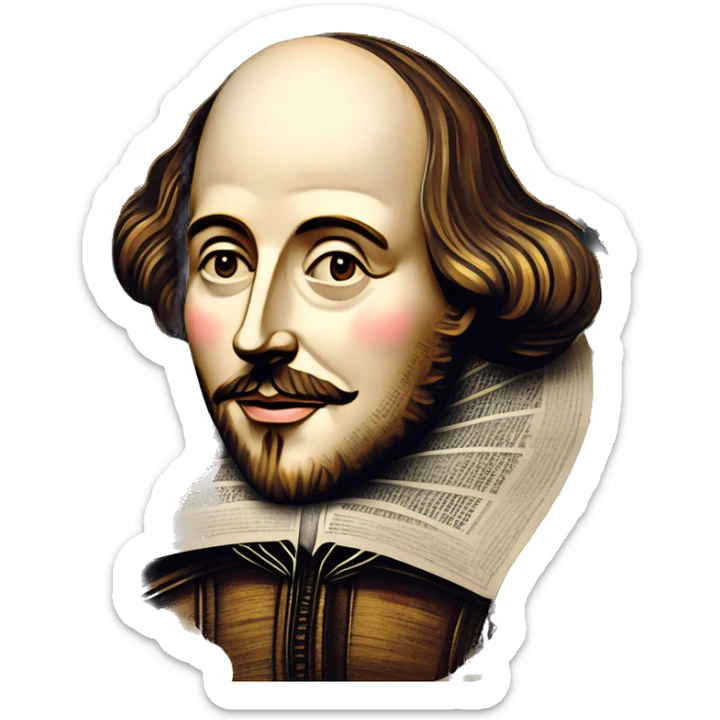 Shakespeare made of newspaper cuttings wearing flowers, stained glass, fairy lights, bokeh, annotated sketch, handwritten letters, collage of intricate patterns, gold swirls, bokeh, lights  sticker