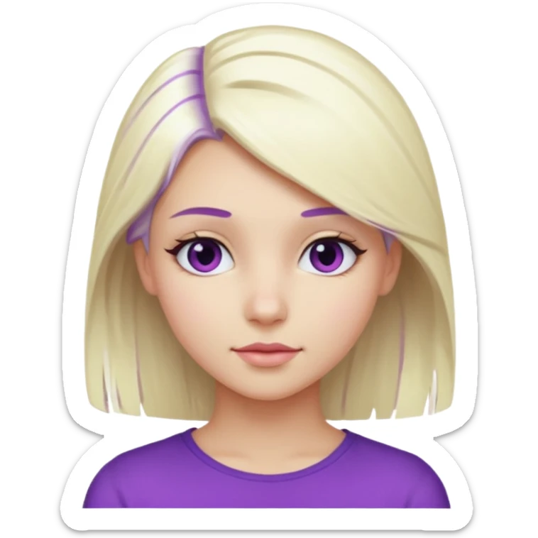 Pretty girl, platinum blonde hair hair goes an inch past her shoulders with a streak of purple on the left side of head sticker