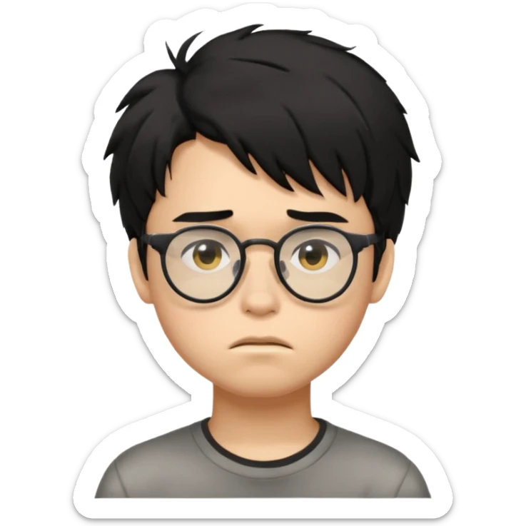 
young boy, 18 years old, messy black hair, glasses, sad face emoji sticker
