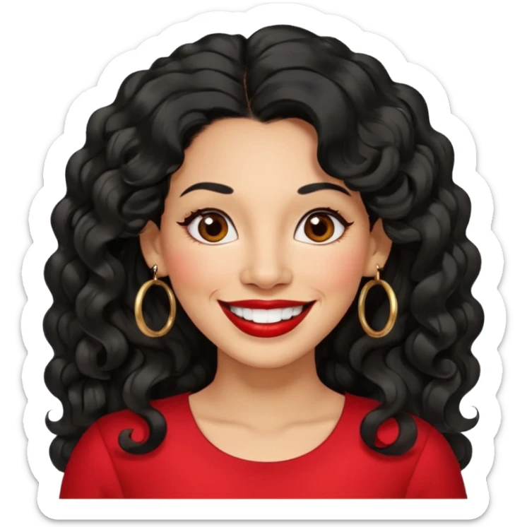 40 yr old peruvian woman, wavy/curly long black hair, red lipstick, big smile, white teeth, brown eyes, hoop earings, side part to hair, round face sticker
