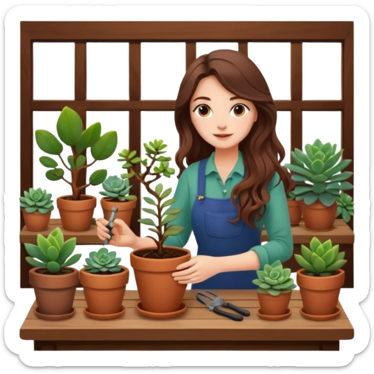 
Close-up of a woman with long, wavy brown hair planting a seedling in a pot. Surrounding her are plants and succulents with vibrant leaves and flowers. Sunlight filters through the window, casting soft shadows. A cozy interior space with gardening tools on a wooden table. sticker