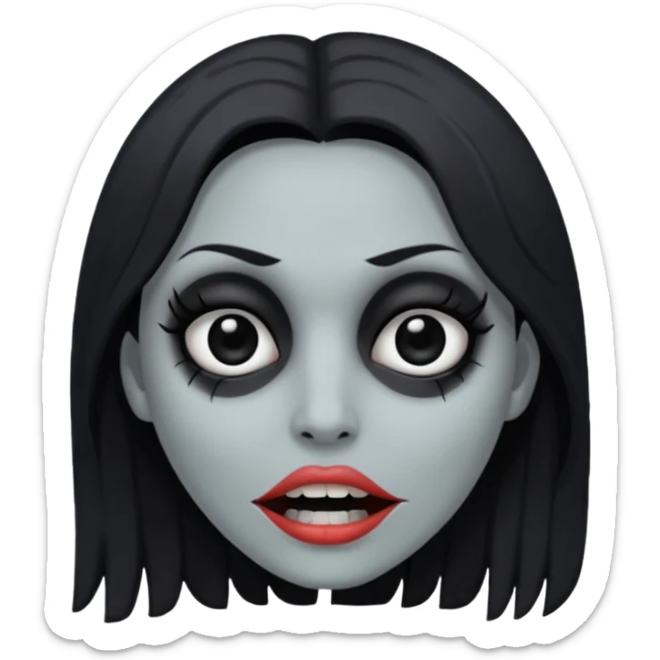woman with gray skin and black hair and a creepy face with white eyes and hollow mouth sticker