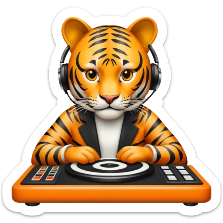 Un tigre enfadado con una mesa de dj . Lo quiero más profesional con unos audífonos y cara de astuto  sticker