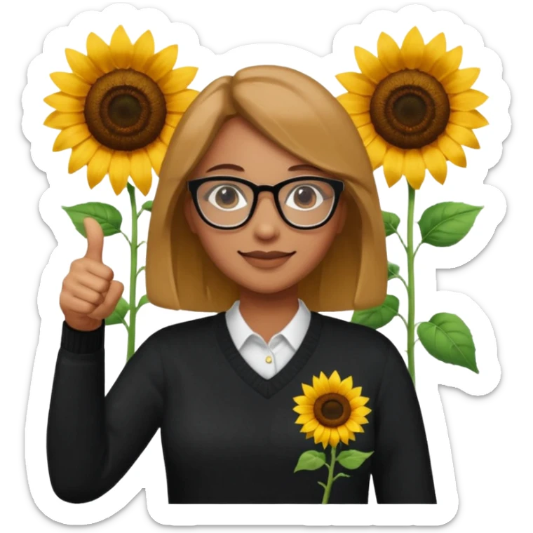 Make my biology teacher shes light brown, wears glasses, female, fat, all black sweater down and sunflower shirt under and make her give 1 thumbs up sticker