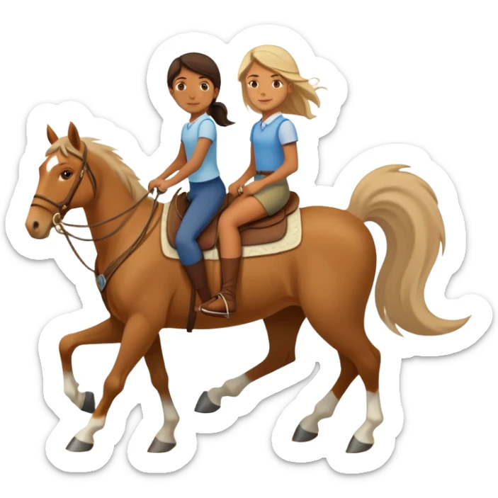 a 10 year old girl is riding an old horse with a woman. 2 boys are walking beside them. One boy is 17 and the other is 22 sticker