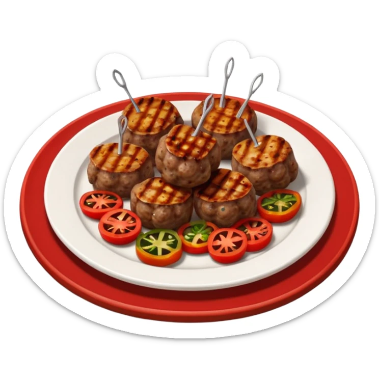 Akçaabat meatballs object icon, grilled Turkish kofte pieces on a plate, smoky char marks, juicy texture, served with grilled peppers and tomatoes, 3D cartoon, mobile game icon style, centered, clean background, no text, no watermark
 sticker