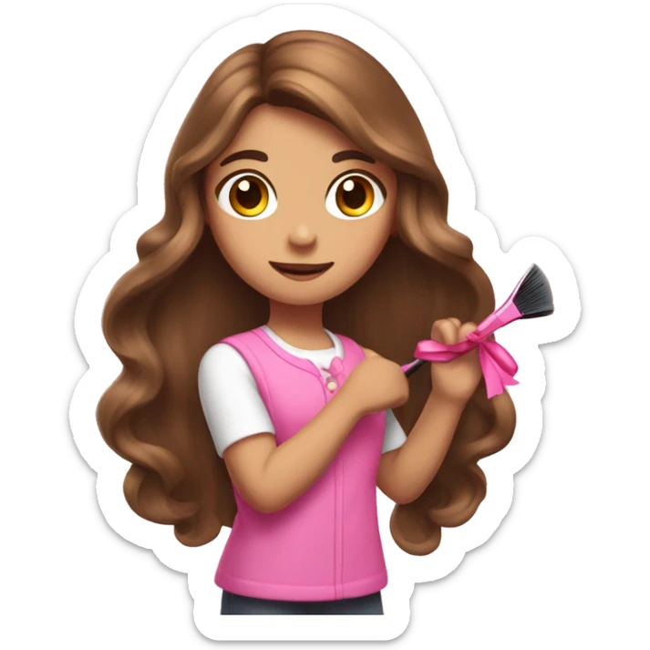 a girl with long brown hair brushing her hair with a pink brush and a pink bow on her hair sticker