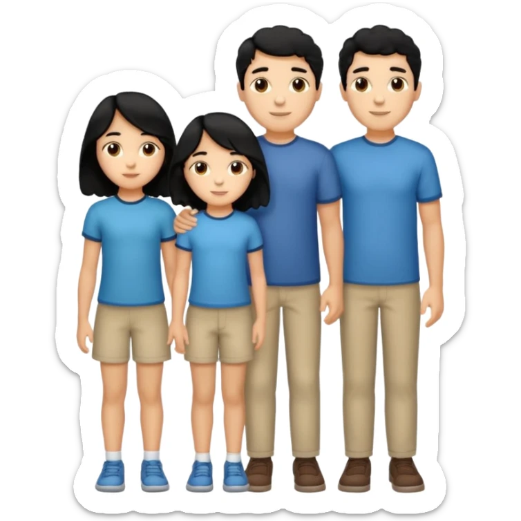 Hispanic family of five standing side by side, mom with long straight hair, dad with short curly hair, two boys with matching short hair, one girl with long straight hair, no raised hands, transparent background sticker
