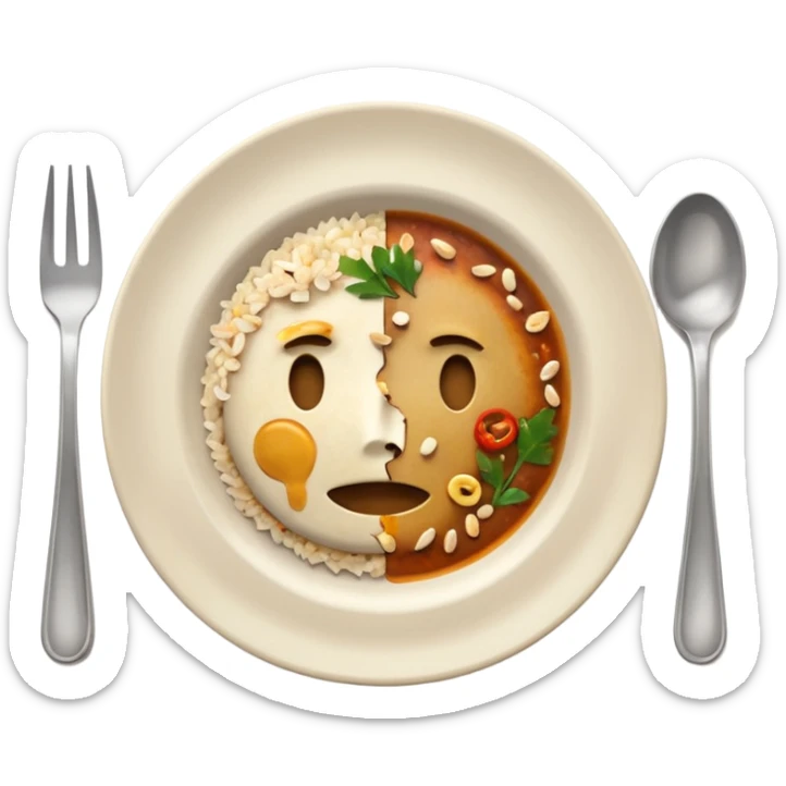 3D emoji of a dirty plate after eating, leftover food scraps, vegetable pieces, rice grains, sauce stains on the plate, fork and spoon placed beside the plate, no face, no character, no human features, realistic food leftovers, clean and simple background, soft lighting, high quality, emoji style sticker