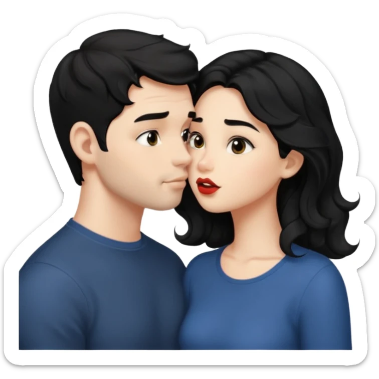 a handsome man with black short wavy hair, no beard, clean face tries to kiss a cute woman who has long~~ black hair sticker