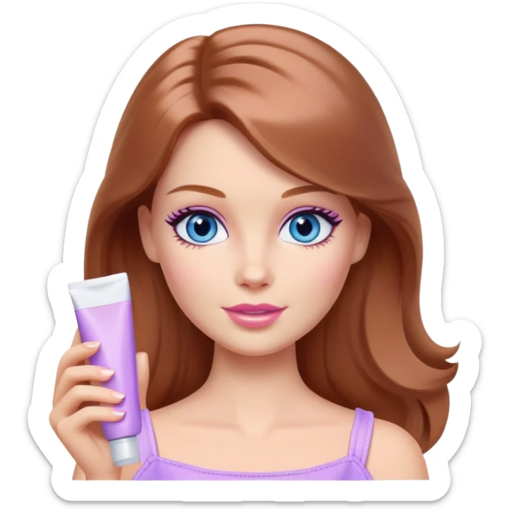 Barbie girl Chestnut Shoulder-length hair and blue eyes is In pale purple applying cream on face sticker