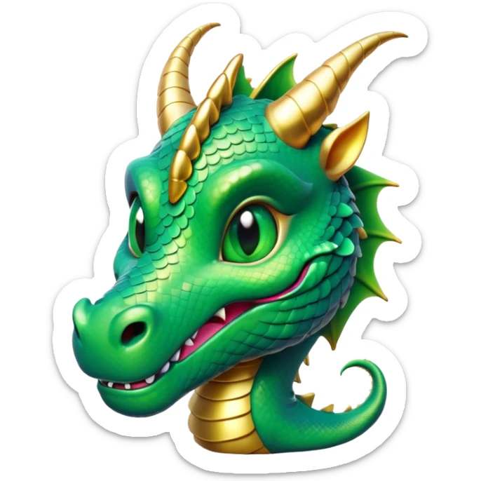 Cinematic Cute Dragon Portrait Emoji, Head tilted playfully and inquisitively, featuring a sleek, serpentine form adorned with iridescent scales that shift between emerald and gold, a delicate set of subtle horns, and round, sparkling eyes full of curious magic; rendered with realistic detail and warm natural light, high shine, affectionate and enchanting, styled with a touch of whimsical fantasy, soft glowing outline, capturing the essence of a mischievous yet lovable dragon that seems poised to slither playfully into your arms! sticker