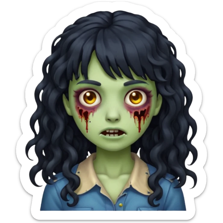 Emoji garota zombie com cabelo preto cacheado longo com franja sticker