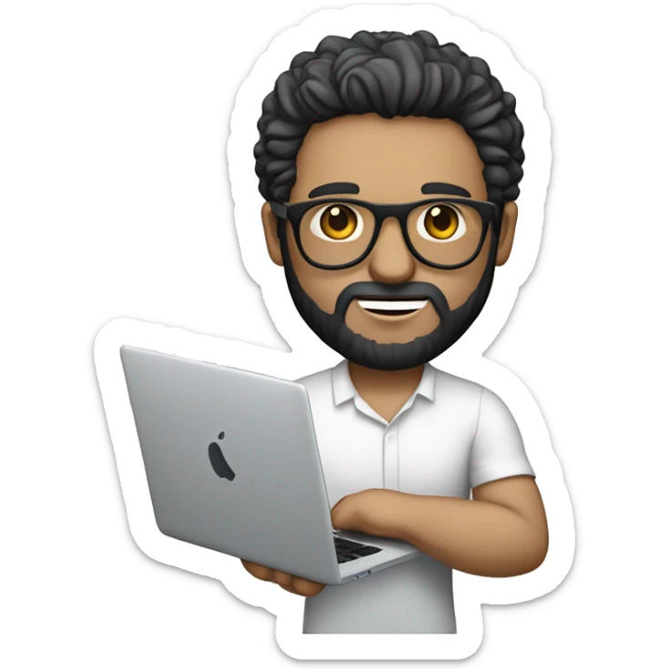 Emoji man with beard holding macbook in hands wearing versace glasses and shirt, profession - graphic designer. Features: white skin, full body type, dark hair, earring in left ear, dark white skin sticker