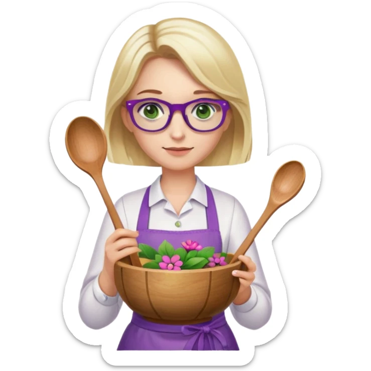 woman with blonde shoulder length hair, purple glasses, green eyes, flower apron, holding bowl and spoon sticker