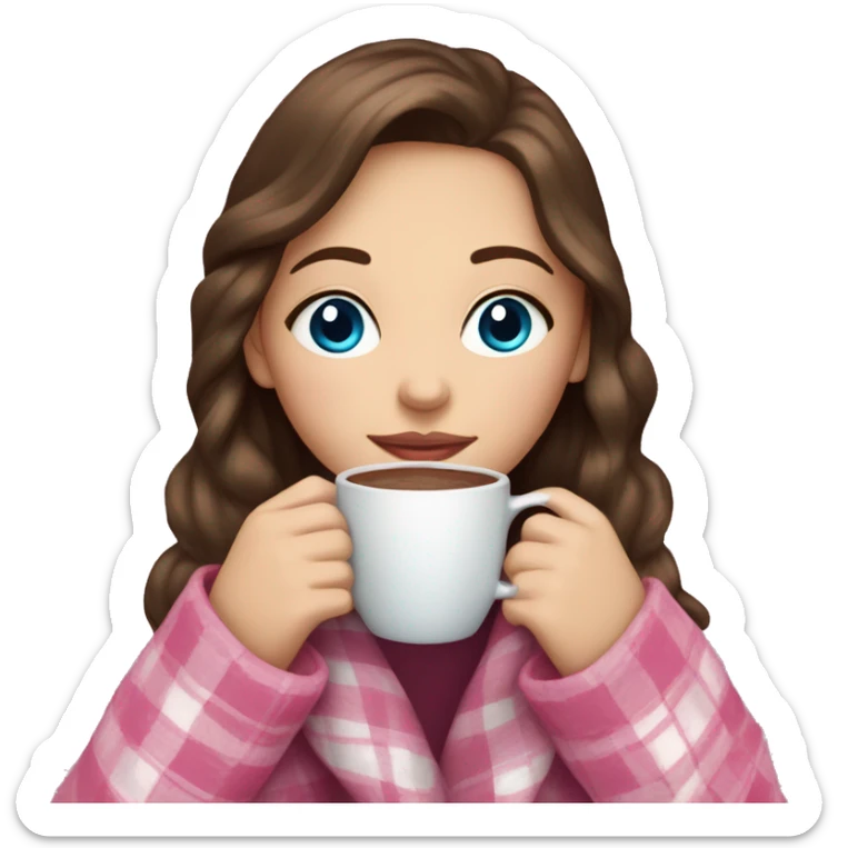 Girl with brown hair and blue eyes sipping on a hot chocolate wrapped in a pink plaid blanket  sticker