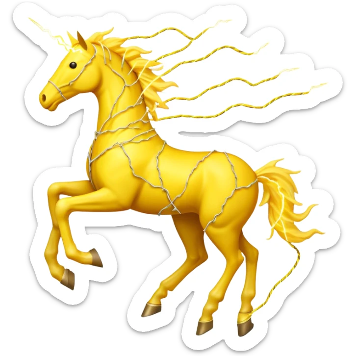 A yellow horse made entirely of crackling electricity, with visible yellow wires, lightning bolts shooting off its body, and a dynamic galloping pose. sticker