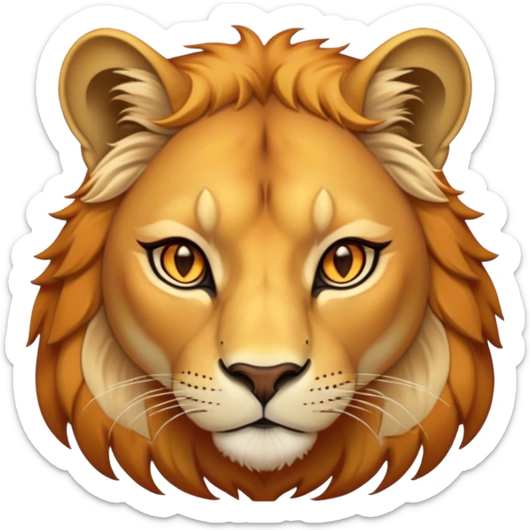 Cinematic Noble Lioness Portrait Emoji, Poised and regal, with a graceful, athletic build and a sleek, tawny Fur, piercing soulful amber eyes, Simplified yet sharp and sophisticated features, highly detailed, glowing with a warm, dignified glow, high shine, intelligent and fierce, stylized with an air of wild elegance, focused and attentive, soft glowing outline, capturing the essence of a watchful and confident lioness, so majestic it feels as though it could silently prowl out of the screen with effortless authority! sticker