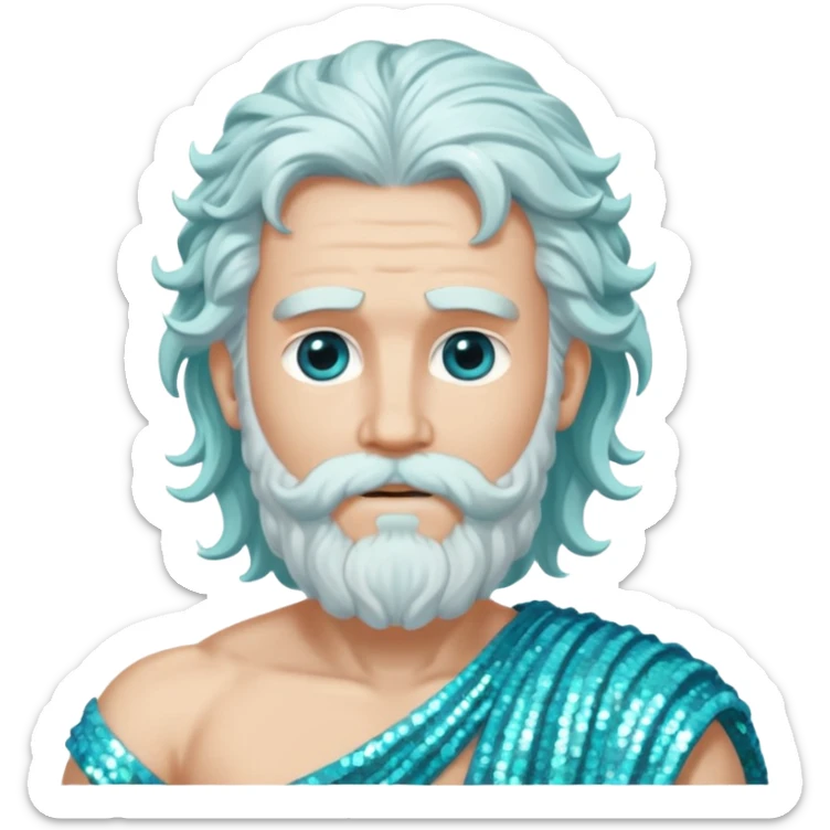Uranus, God of Air from Roman Deities with long white wavy hair and beard, pale cyan sequin toga sticker
