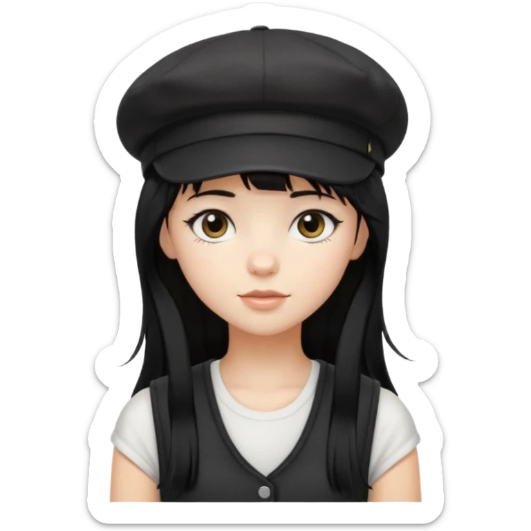 pinterst girl with heavy bang, black long hair and black newsboy cap on her hat, wearing white sleeveless  sticker