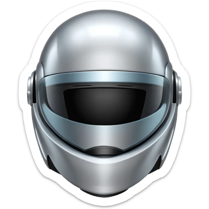 A futuristic helmet emoji made of silver chrome, smooth aerodynamic shape, minimal visor detail, reflective metallic surface, sci-fi aesthetic, iOS emoji style, centered on clean white background sticker