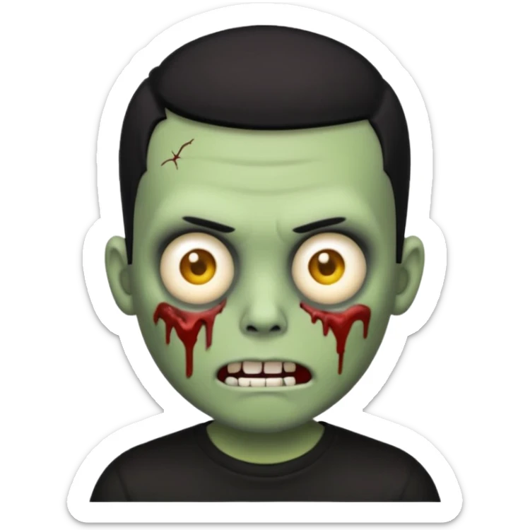 zombie emoji with buzz cut black hair and black t-shirt sticker