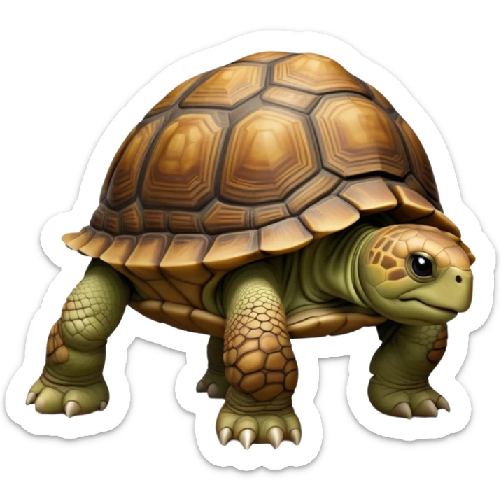 cinematic-tortoise-realistic-full-body-walking-emoji,-sturdy-domed-shell-in-rich-earthy-tones,-thick-scaled-legs-moving-slowly-but-deliberately,-wrinkled-wise-face-peering-ahead-with-calm-determination,-large cute eyes-reflecting-centuries of wisdom sticker