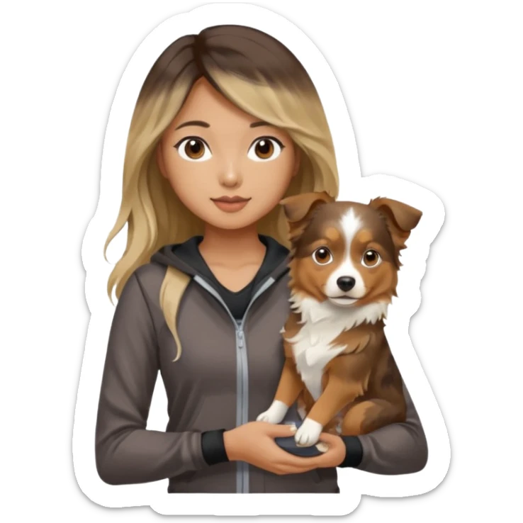 An Asian lady with long balayage hair with blonde highlights, in a brown gym outfit, holding a mini Australian shepherd  sticker