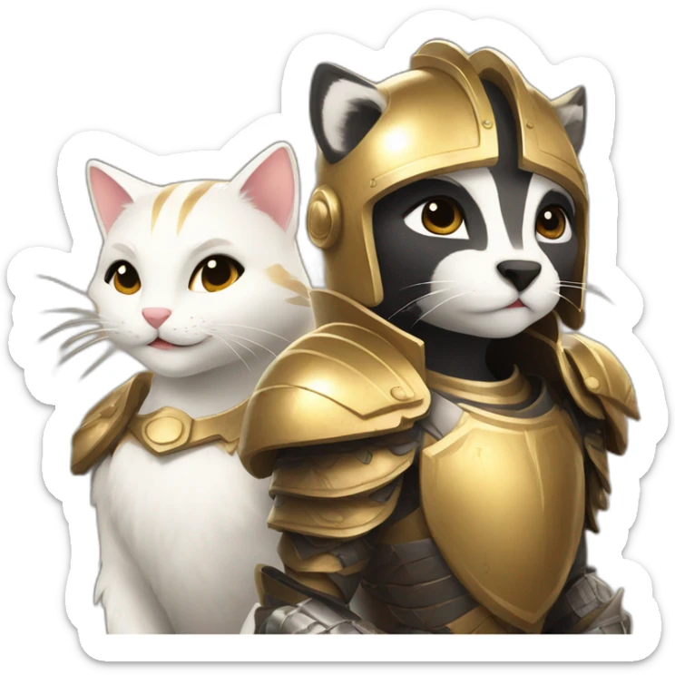 a smiling badger beside a white female cat who is wearing a golden light armour also smiling sticker