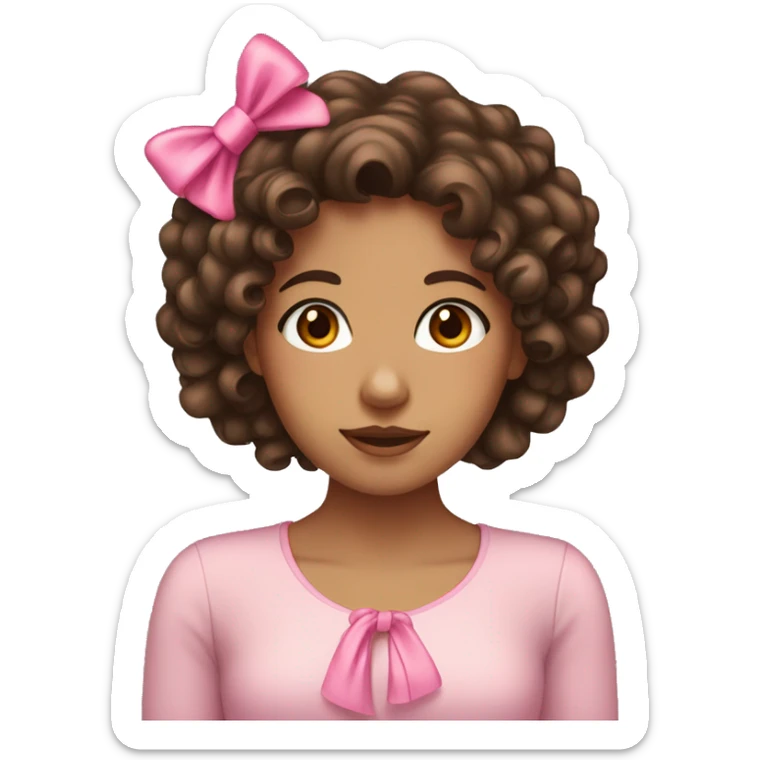 Tan girl with brown eyes dark brown curly hair and a pink bow sticker