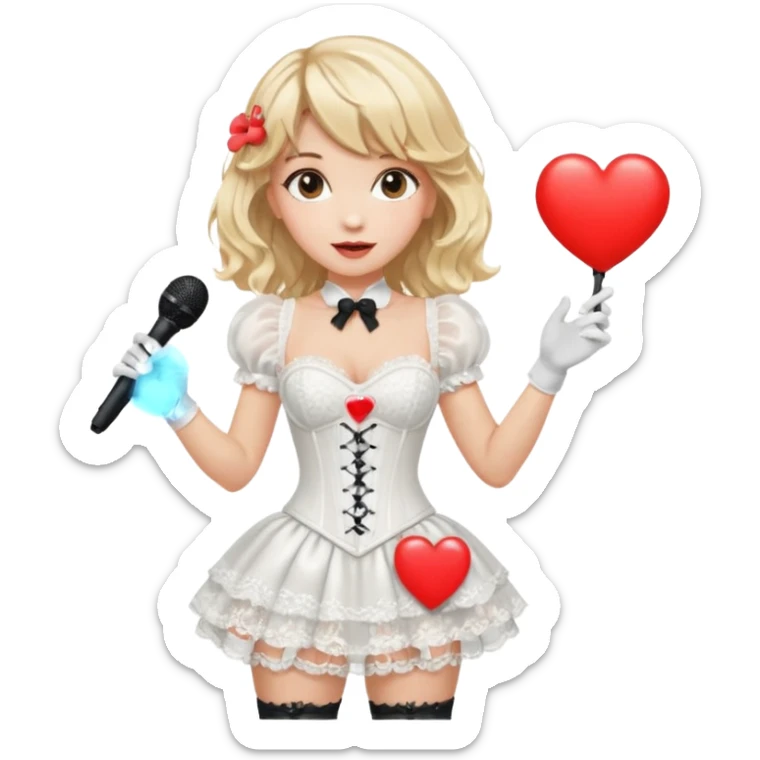 A woman in a white corset mini dress with a puffy skirt, lace gloves, wavy blonde hair with bangs, and a white microphone with a red heart sticker