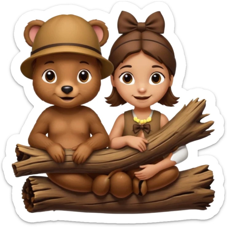a girl beaver and a boy beaver on a log. give the girl eyelashes and a bow on top of her head sticker