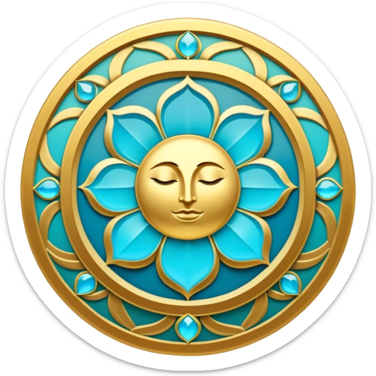 Un libro dorado y azul celeste con detalles esmeralda, bordes luminosos y un símbolo de círculo zen, un rayo de luz o un loto en la portada, irradiando presencia, tranquilidad y despertar espiritual.  sticker