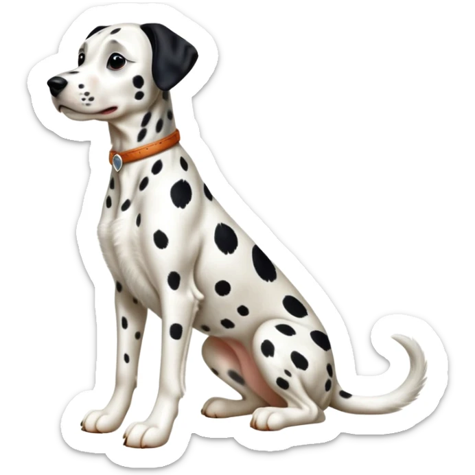 cinematic-[dalmatian dog]-realistic-full-body-sitting-emoji,-tail-resting-loosely-beside-its-paws,-head-tilted-dramatically,-sleek-[spotted]-fur,-simplified-yet-realistic-focused-features,-highly-detailed,-glowing-with-an-almost-sarcastic-glow sticker