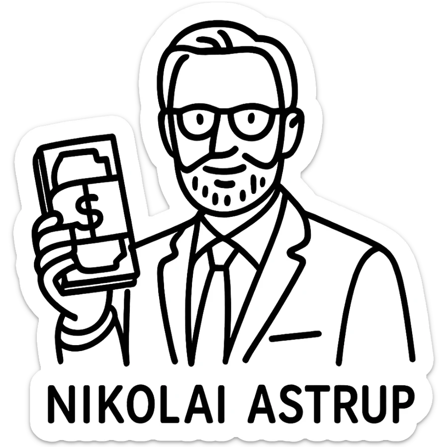 hand-drawn outlined icon style of Nikolai Astrup, Norwegian politician, holding a pack of money in his hand sticker