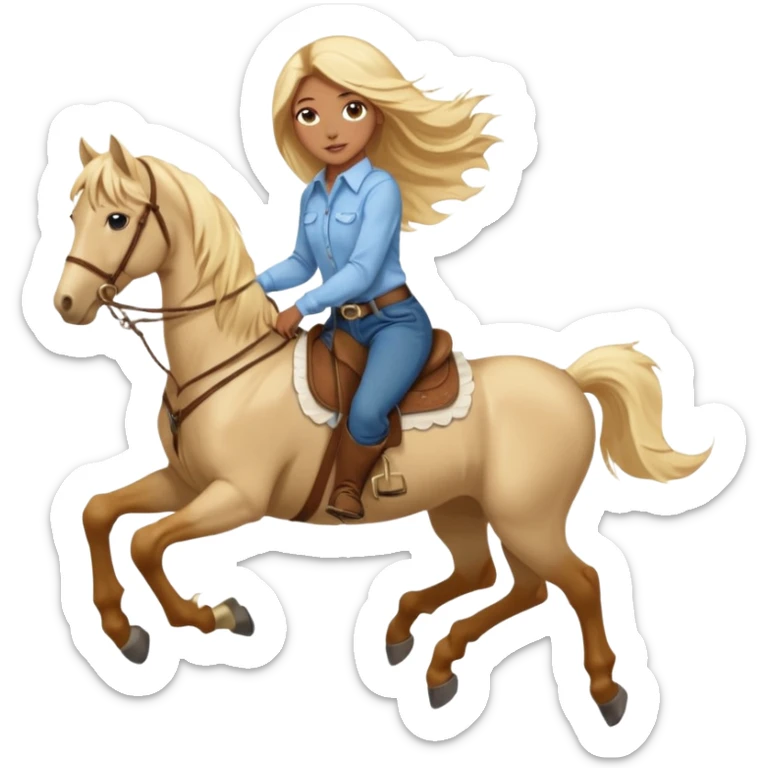 Brown girl with blue eyes and very, very long blonde/gold hair that’s blowing in the wind wearing a cream colored collared long sleeve shirt and jeans with brown boots on top of a brown horse, don’t show it’s legs  sticker