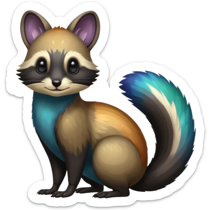 Colorful onyx-obsidian-pitch-black and iridescent Cacomistle-Bunnelby-Numbat-Ferret-hybrid-fusion-animal-creature, full body  sticker