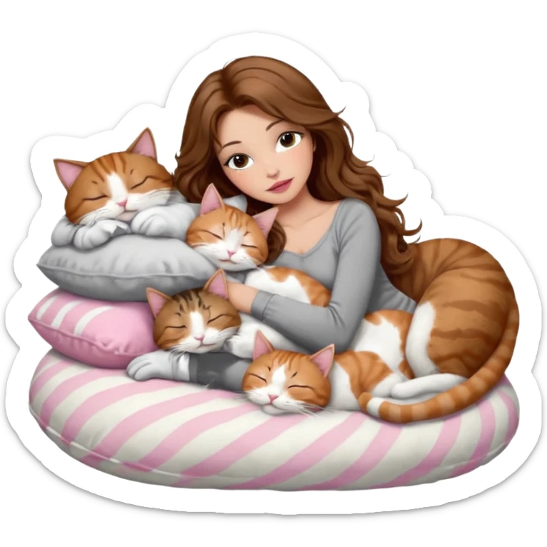 girl with long wavy brown hair, brown eyes, long lashes makeup, sexy pink lips, light to medium complexion,  sleeping on a cozy pillow, with 6 cats: 1 brown and white tabby cat, 1 ginger and white, 2 grey and white, 1 grey with white mittens and small white patch on chest and 1 calico, sleeping sticker