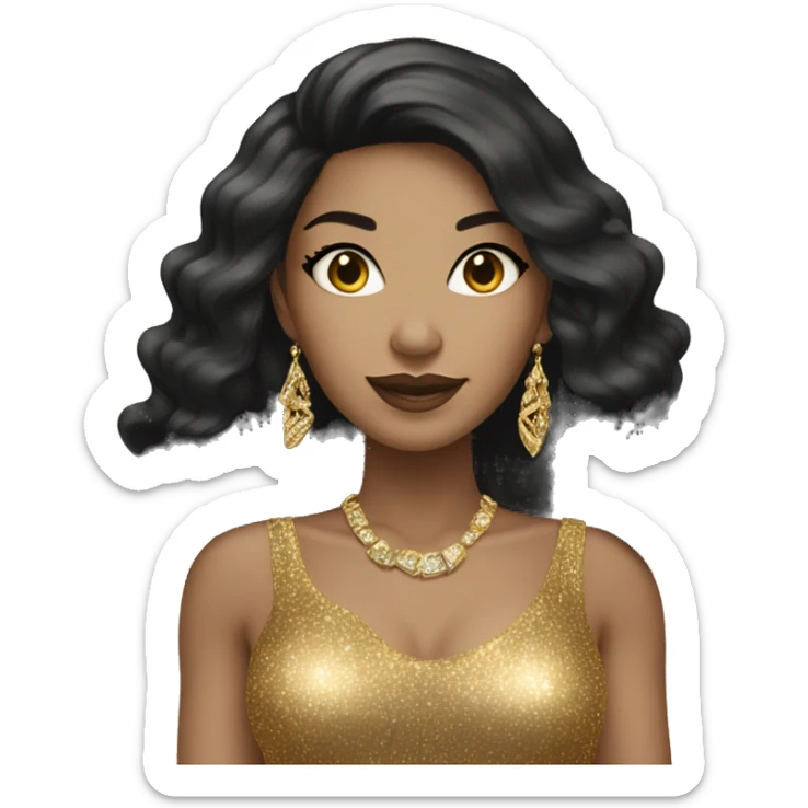 light skin woman with black long hair in gold sparkle dress with gold jewelry sticker