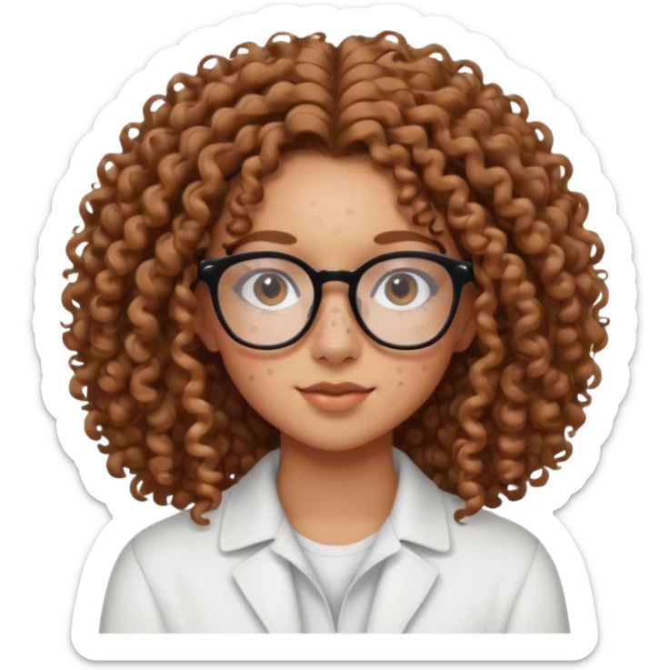 make a really curly hair, teen girl with glasses and little acne that looks like freckles longer like more than shoulder lengthcurly hair, and pretty withe makeup on giving clean girl vibes, and make her have tan skin

 sticker