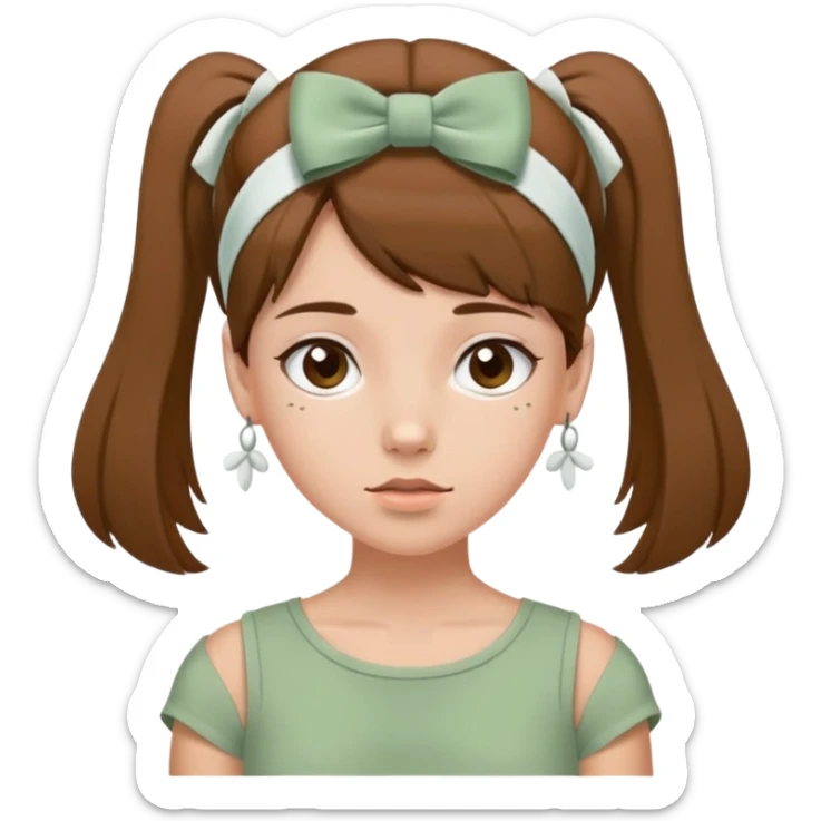 A y2k girl in sage green top and brown hair with a white headband and white long bows sticker